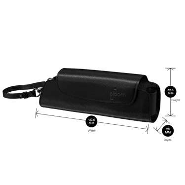 Ploom Jet Black torbica s jednim poklopcem prikazana s dimenzijama proizvoda: 32.5 cm visina x 12.75 cm širina i 2.8 cm dubina
